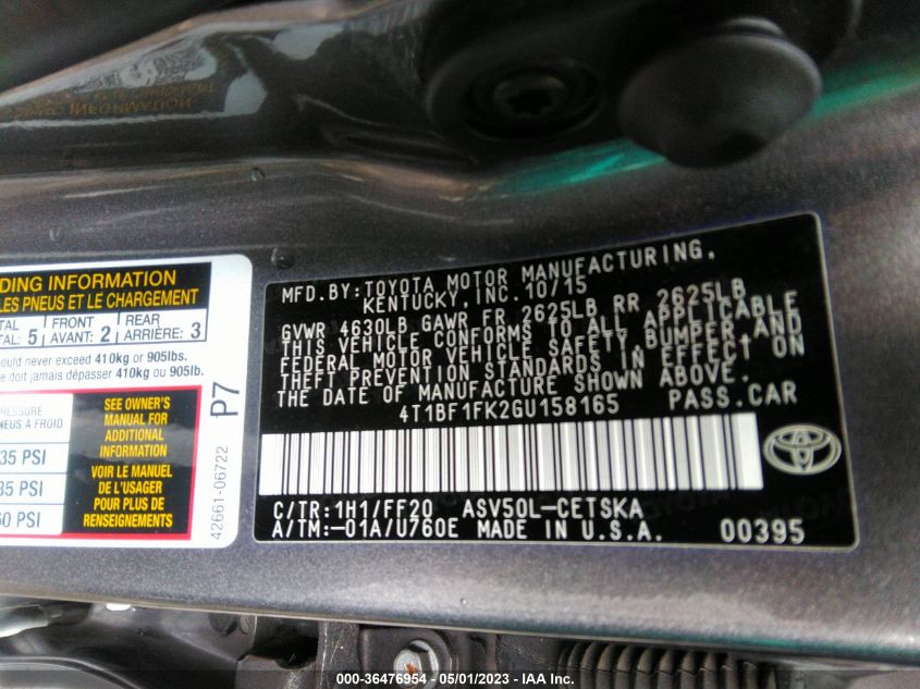 2016 TOYOTA CAMRY XLE/SE/LE/XSE - 4T1BF1FK2GU158165