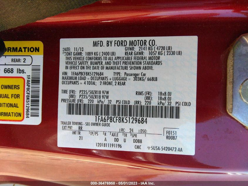 2019 FORD MUSTANG GT - 1FA6P8CF8K5129684