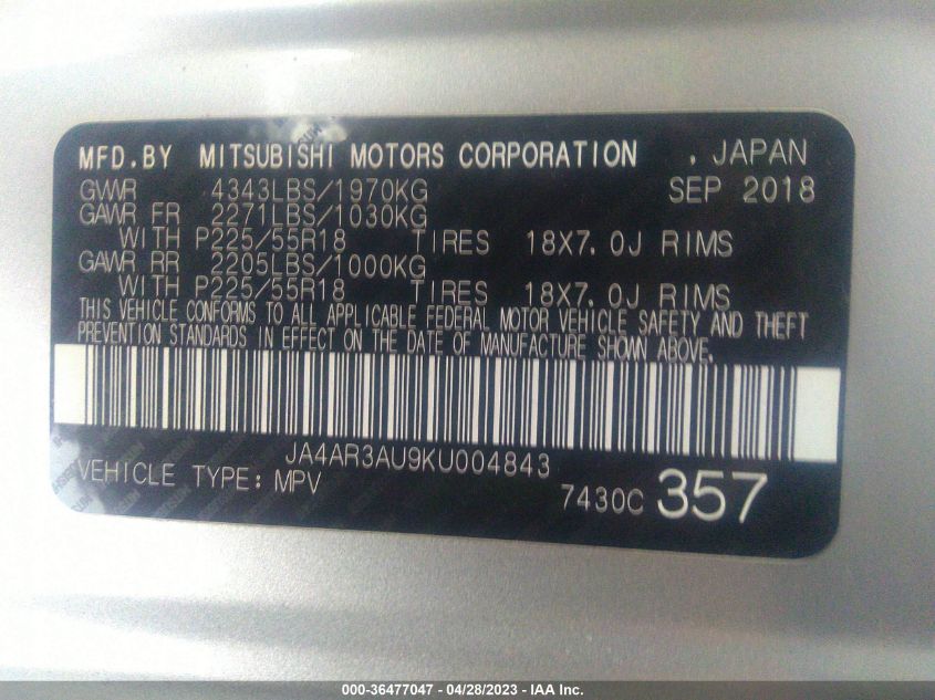 2019 MITSUBISHI OUTLANDER SPORT 2.0 - JA4AR3AU9KU004843