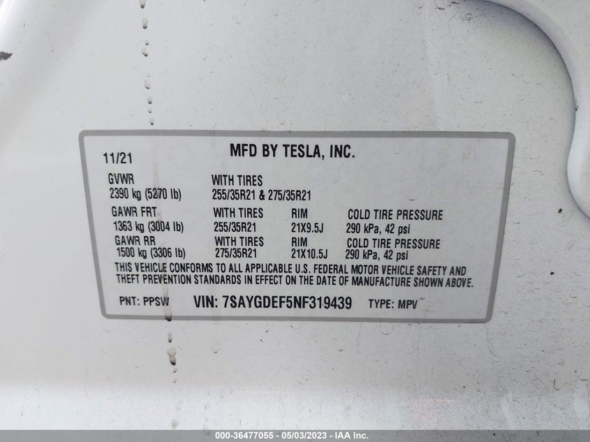 VIN 7SAYGDEF5NF319439 2022 TESLA MODEL Y PERFORMANCE