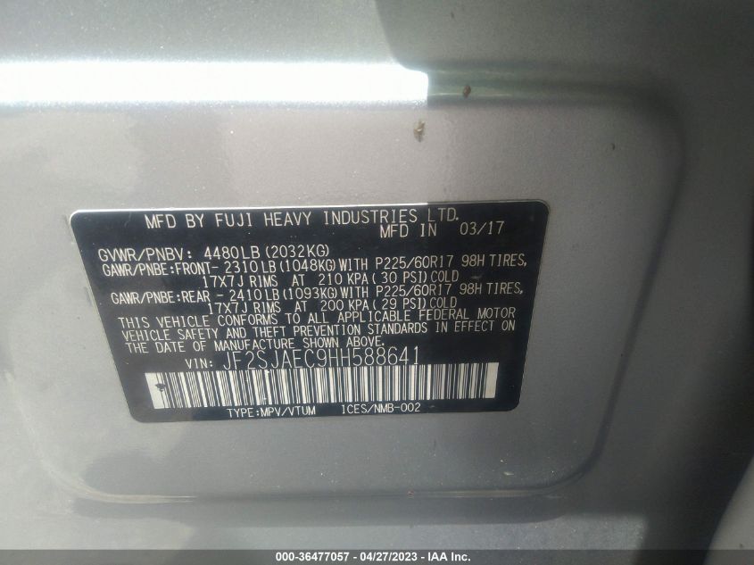 2017 SUBARU FORESTER PREMIUM - JF2SJAEC9HH588641
