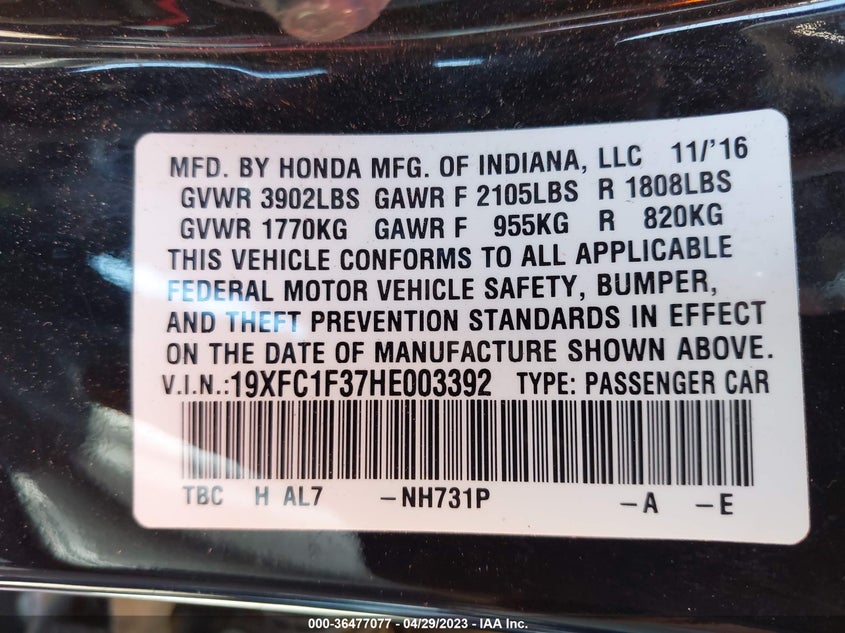 VIN 19XFC1F37HE003392 2017 HONDA CIVIC SEDAN EX-T