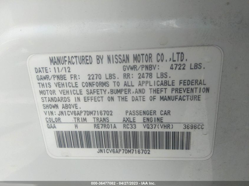 2013 INFINITI G37 SEDAN JOURNEY - JN1CV6AP7DM716702