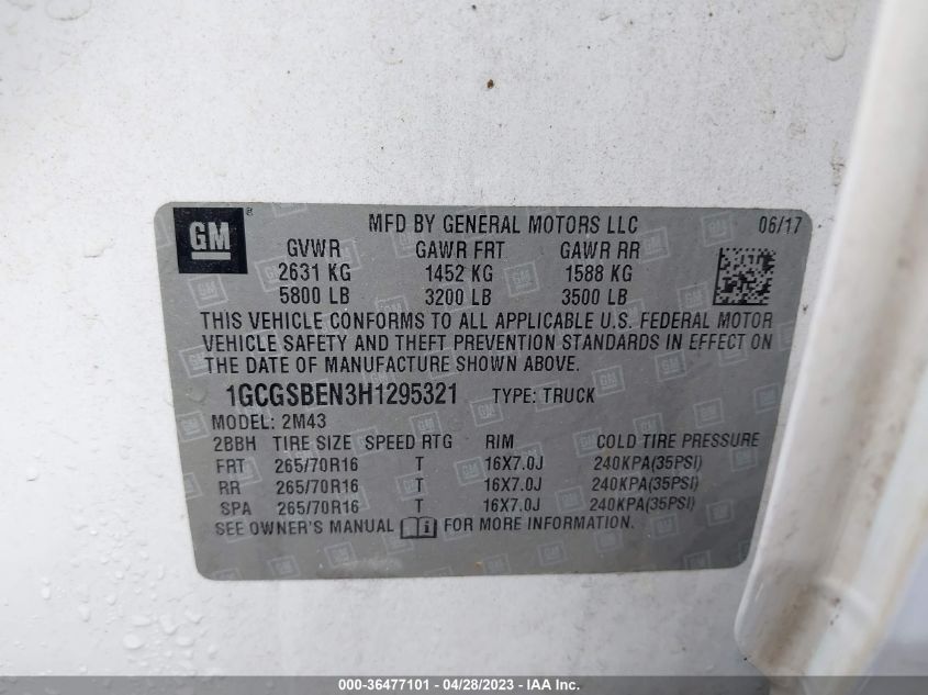 2017 CHEVROLET COLORADO 2WD WT - 1GCGSBEN3H1295321