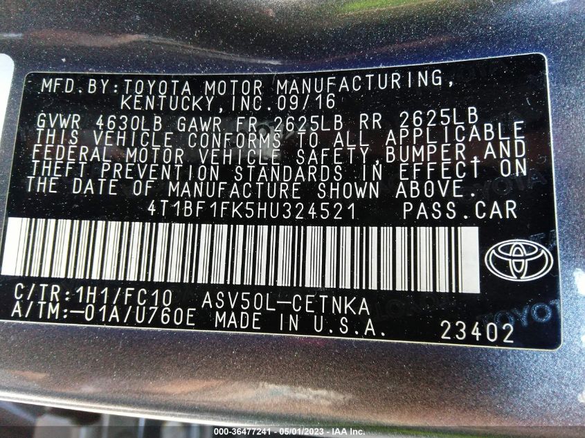 2017 TOYOTA CAMRY XLE/SE/LE/XSE - 4T1BF1FK5HU324521