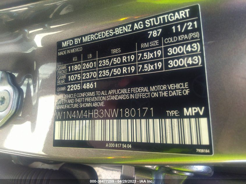 2022 MERCEDES-BENZ GLB GLB 250 W1N4M4HB3NW180171