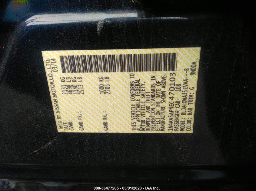 2014 NISSAN MAXIMA 3.5 S - 1N4AA5AP4EC470103