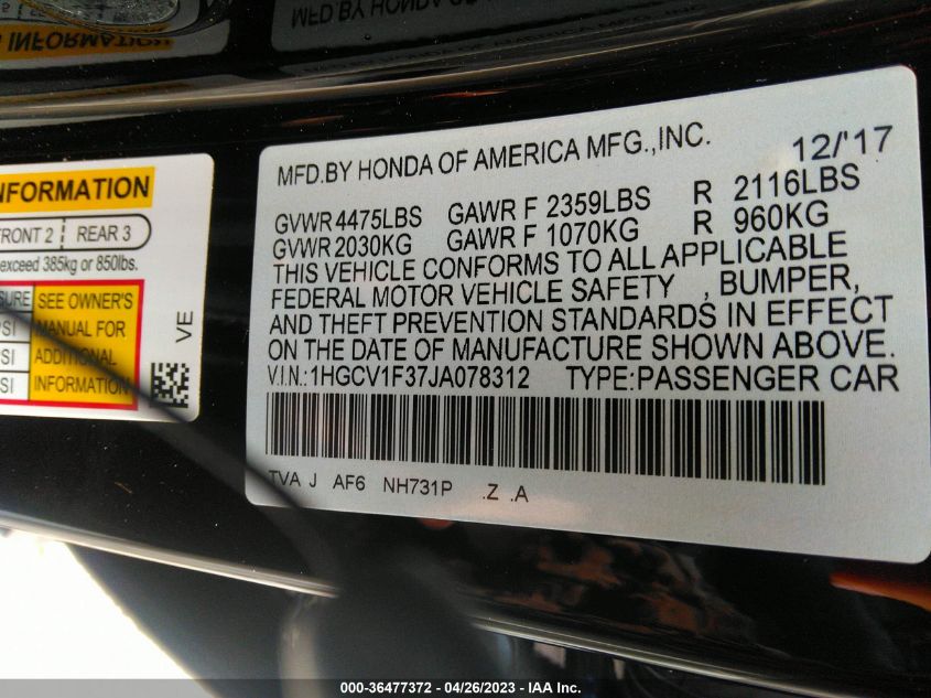2018 HONDA ACCORD SEDAN SPORT 1.5T - 1HGCV1F37JA078312