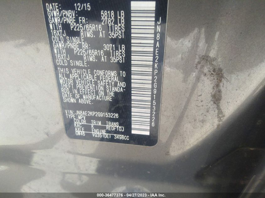 2016 NISSAN QUEST SV/S/PLATINUM/SL - JN8AE2KP2G9153226