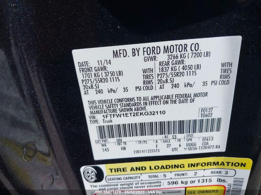 2014 FORD F-150 XL/XLT/FX4/LARIAT - 1FTFW1ET2EKG32110