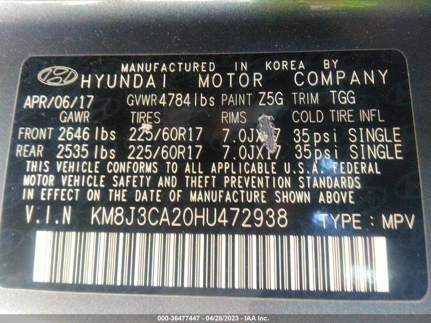 2017 HYUNDAI TUCSON ECO - KM8J3CA20HU472938