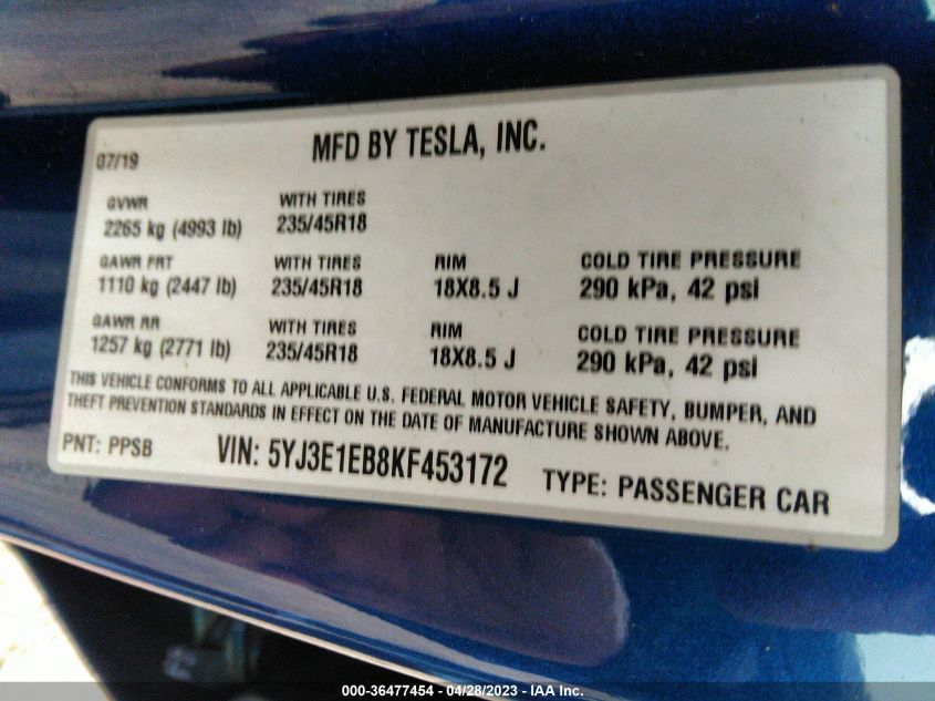 2019 TESLA MODEL 3 LONG RANGE/PERFORMANCE - 5YJ3E1EB8KF453172