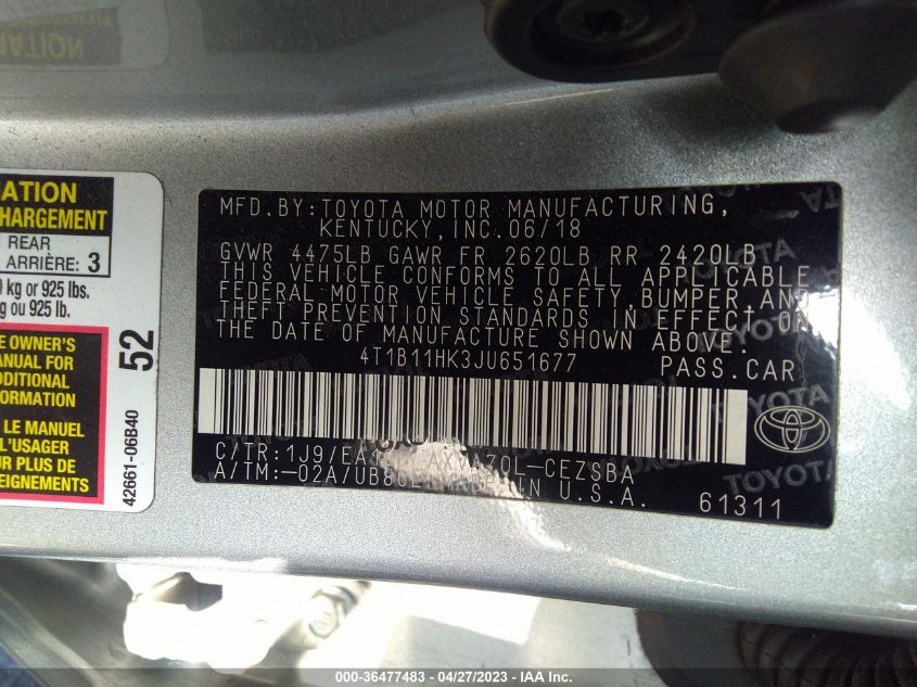 2018 TOYOTA CAMRY LE/SE/XLE/L - 4T1B11HK3JU651677