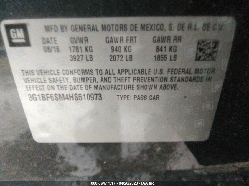 VIN 3G1BF6SM4HS510973 2017 CHEVROLET CRUZE PREMIER