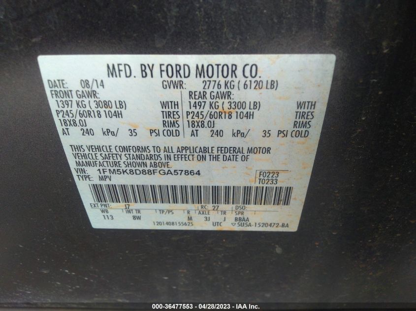 2015 FORD EXPLORER XLT - 1FM5K8D88FGA57864