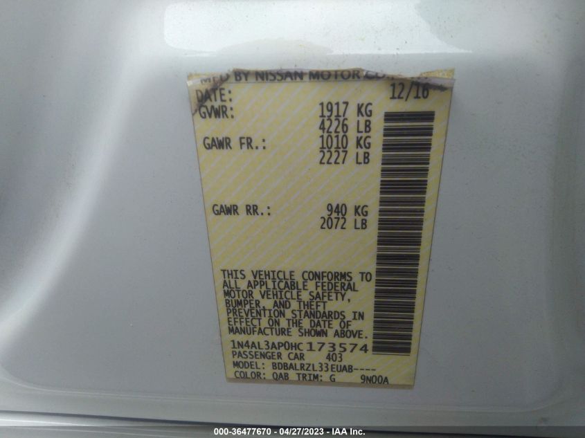 2017 NISSAN ALTIMA 2.5 SL - 1N4AL3AP0HC173574