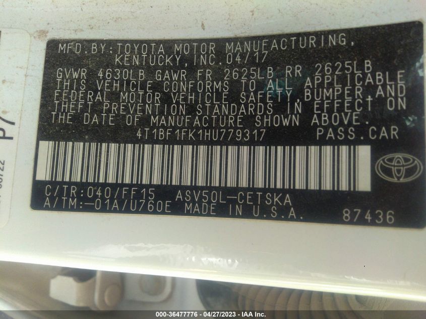 2017 TOYOTA CAMRY XLE/SE/LE/XSE - 4T1BF1FK1HU779317
