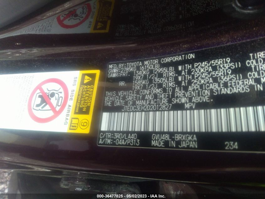 2013 TOYOTA HIGHLANDER HYBRID LIMITED - JTEDC3EH2D2012827