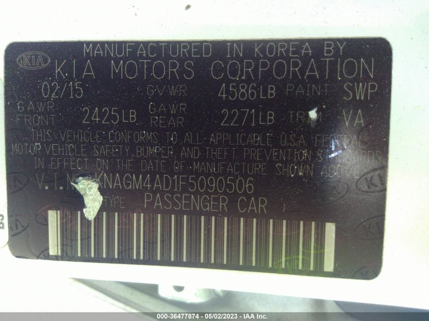 2015 KIA OPTIMA HYBRID - KNAGM4AD1F5090506