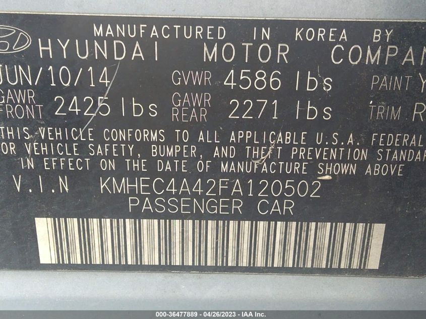 2015 HYUNDAI SONATA HYBRID LIMITED - KMHEC4A42FA120502