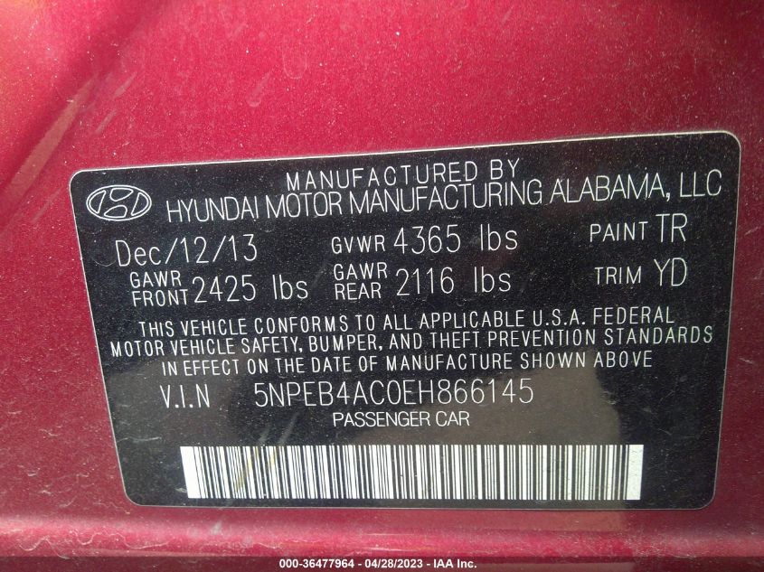 VIN 5NPEB4AC0EH866145 2014 HYUNDAI SONATA no.9