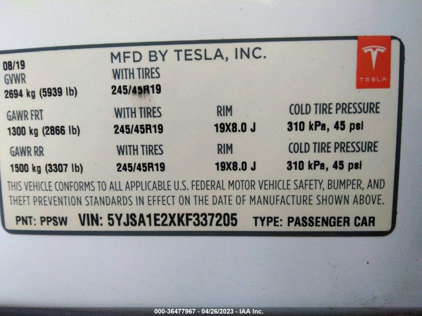 2019 TESLA MODEL S - 5YJSA1E2XKF337205