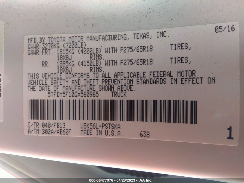 2016 TOYOTA TUNDRA 4WD TRUCK SR5/TRD PRO - 5TFDY5F10GX560965