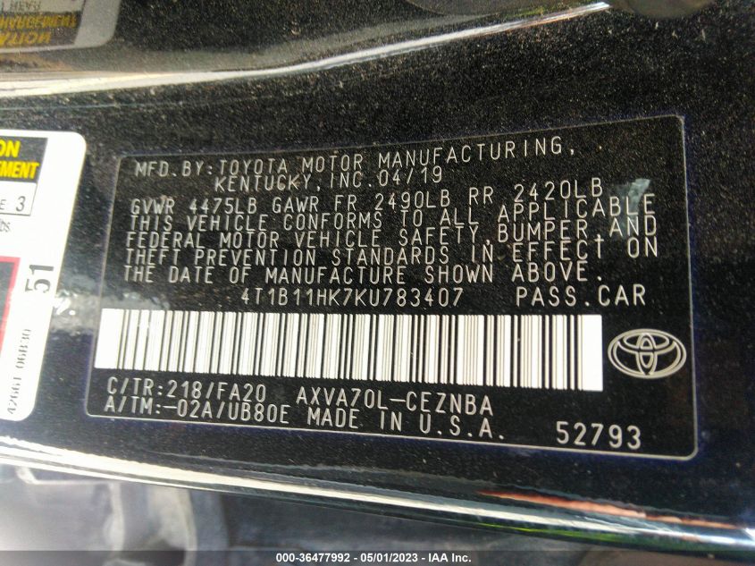 2019 TOYOTA CAMRY LE/SE/XLE/L - 4T1B11HK7KU783407