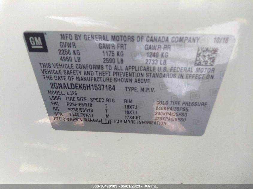 2017 CHEVROLET EQUINOX PREMIER - 2GNALDEK6H1537184