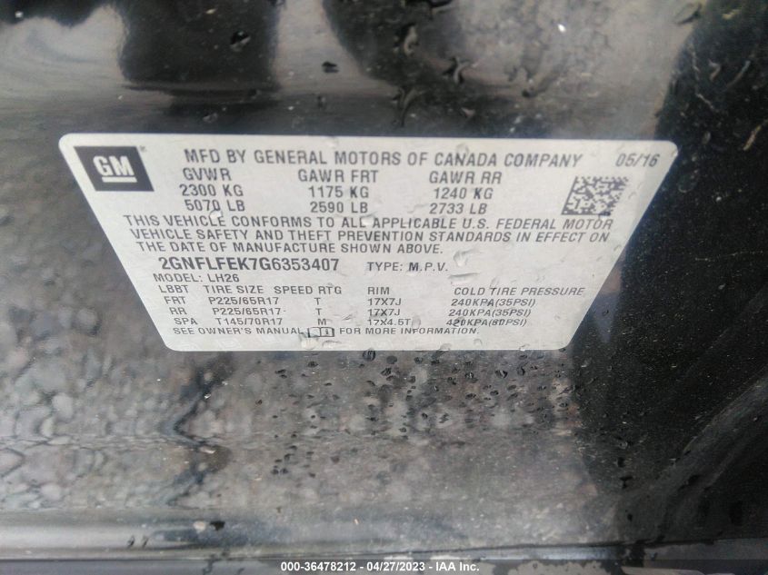 2016 CHEVROLET EQUINOX LT - 2GNFLFEK7G6353407