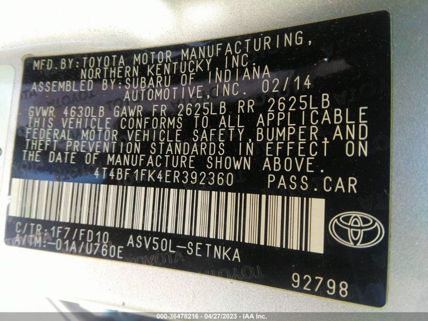 2014 TOYOTA CAMRY L/LE/XLE/SE/SE SPORT - 4T4BF1FK4ER392360