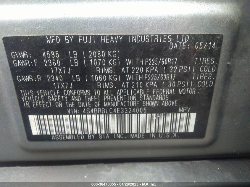 2014 SUBARU OUTBACK 2.5I LIMITED - 4S4BRBLC4E3324005
