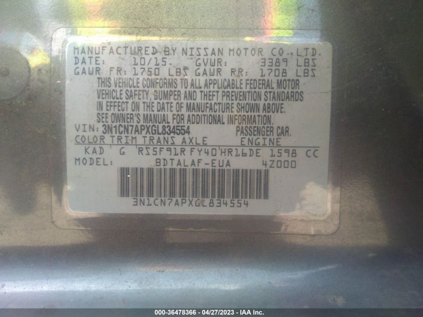 2016 NISSAN VERSA S - 3N1CN7APXGL834554