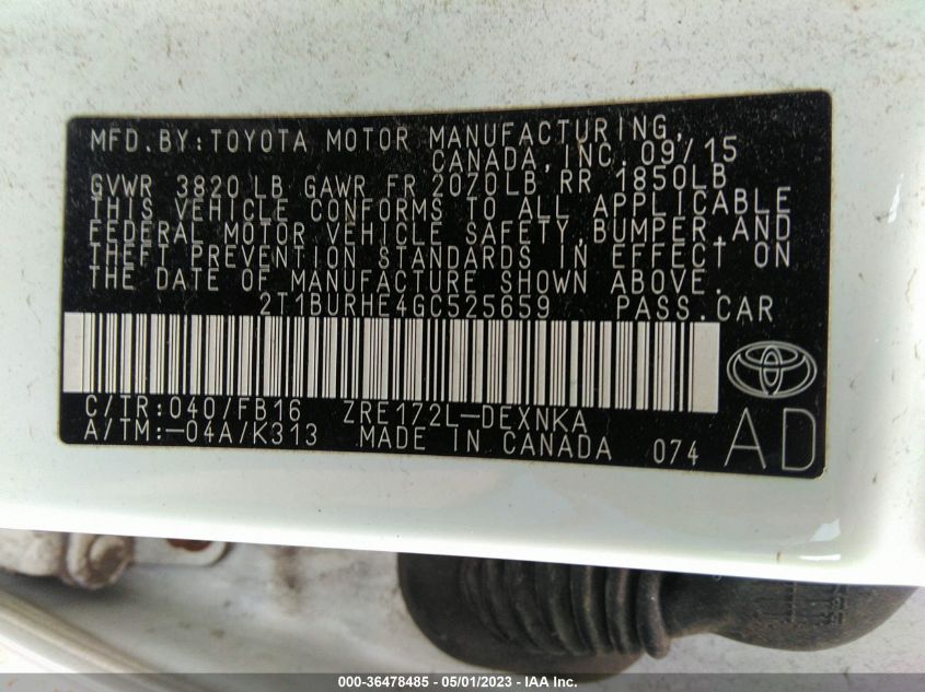 2016 TOYOTA COROLLA L/LE/S/S PLUS/LE PLUS - 2T1BURHE4GC525659