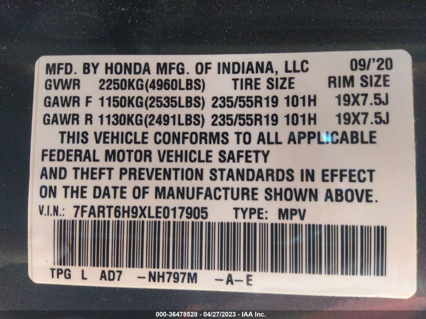 2020 HONDA CR-V HYBRID TOURING 7FART6H9XLE017905