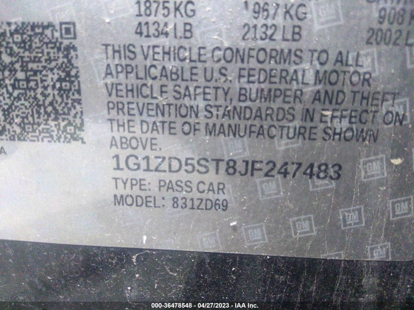 2018 CHEVROLET MALIBU LT - 1G1ZD5ST8JF247483