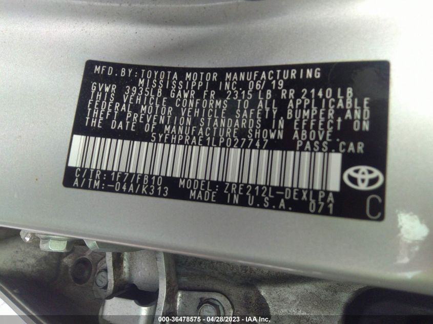 2020 TOYOTA COROLLA LE - 5YFHPRAE1LP027747