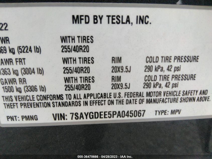 2023 TESLA MODEL Y LONG RANGE - 7SAYGDEE5PA045067