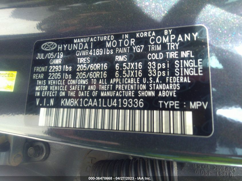 2020 HYUNDAI KONA SE - KM8K1CAA1LU419336