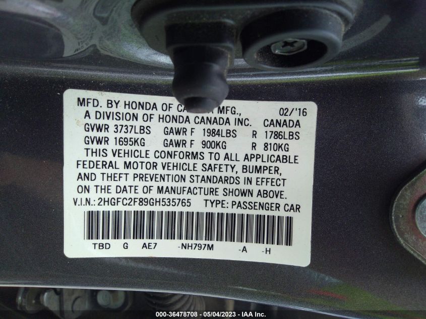 2016 HONDA CIVIC SEDAN EX - 2HGFC2F89GH535765