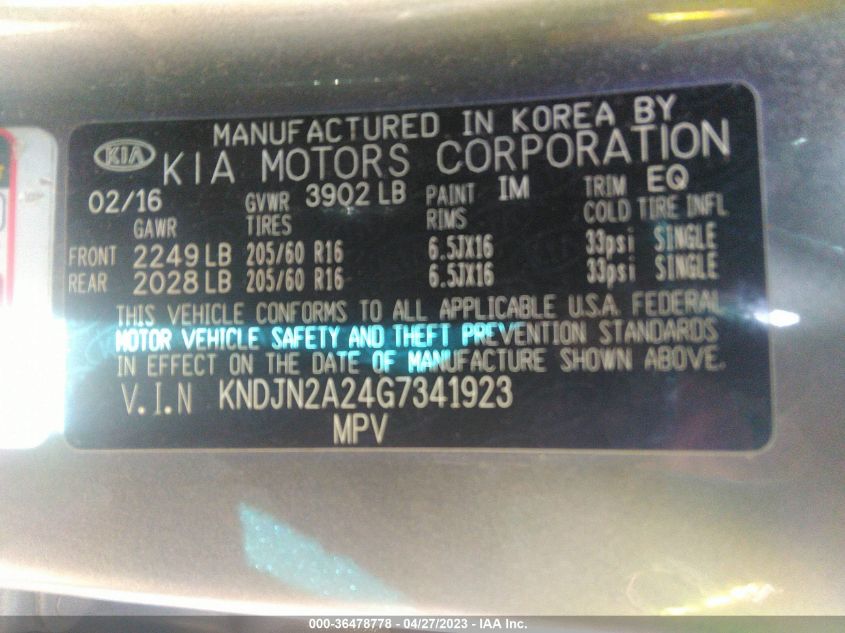 2016 KIA SOUL BASE - KNDJN2A24G7341923