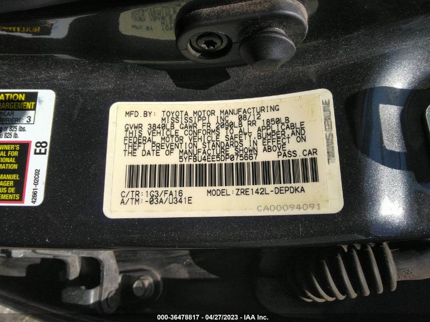 2013 TOYOTA COROLLA L/LE/S - 5YFBU4EE5DP075667