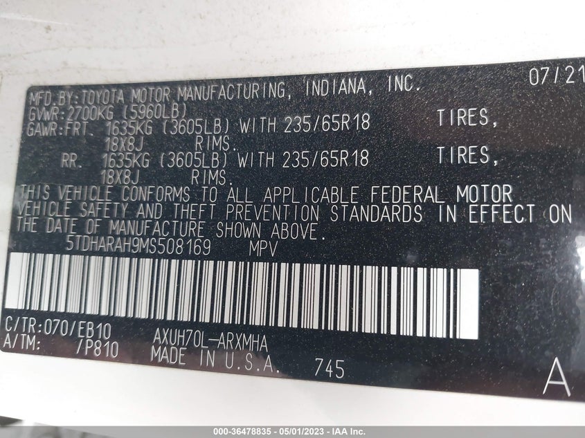 VIN 5TDHARAH9MS508169 2021 TOYOTA HIGHLANDER HYBRID XLE