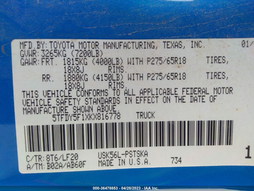 2019 TOYOTA TUNDRA 4WD SR5/LIMITED/PLATINUM - 5TFDY5F1XKX816778