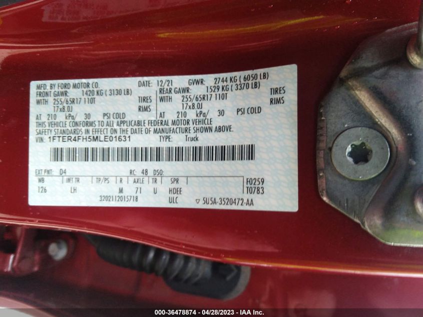 2021 FORD RANGER XL/XLT/LARIAT - 1FTER4FH5MLE01631