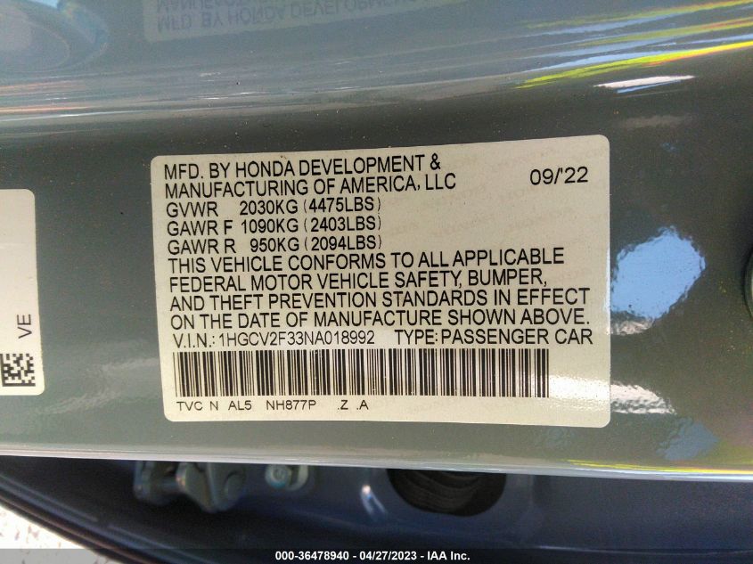 2022 HONDA ACCORD SEDAN SPORT - 1HGCV2F33NA018992