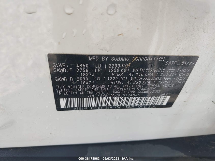 VIN 4S4BTANC0L3174805 2020 SUBARU OUTBACK LIMITED