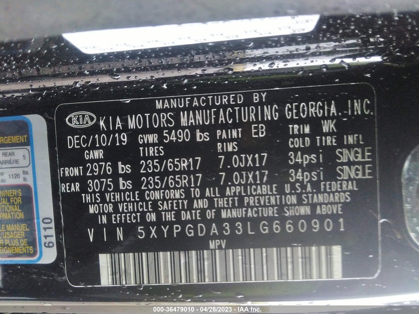 VIN 5XYPGDA33LG660901 2020 KIA SORENTO LX