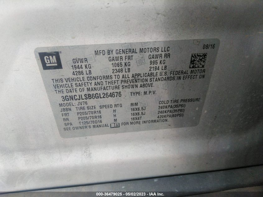 2016 CHEVROLET TRAX LT - 3GNCJLSB6GL264676