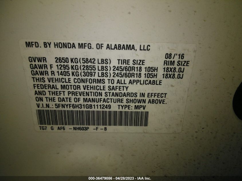2016 HONDA PILOT EX - 5FNYF6H31GB111249